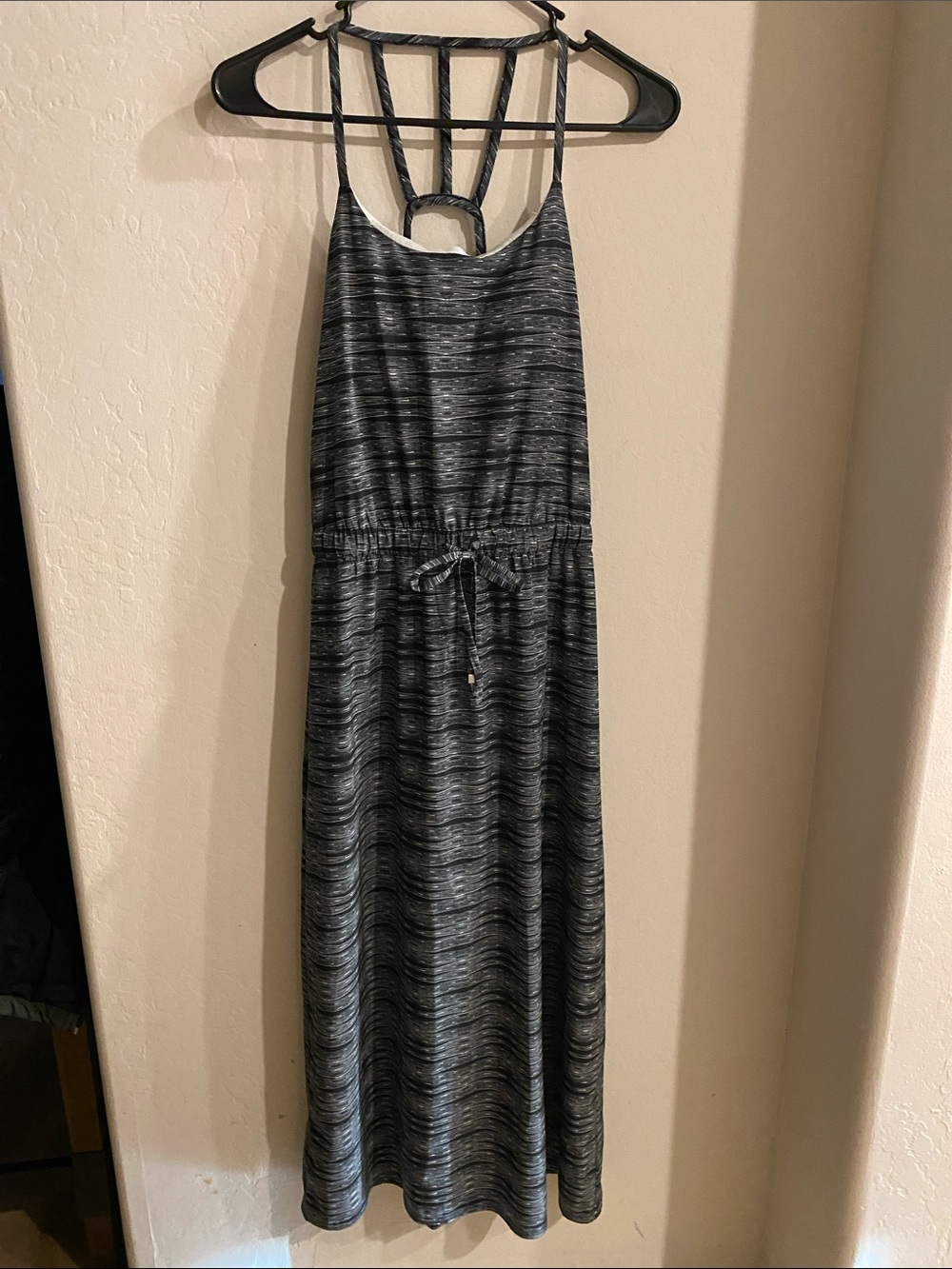 Athleta Black and Gray Striped Maxi Dress with Strappy Back